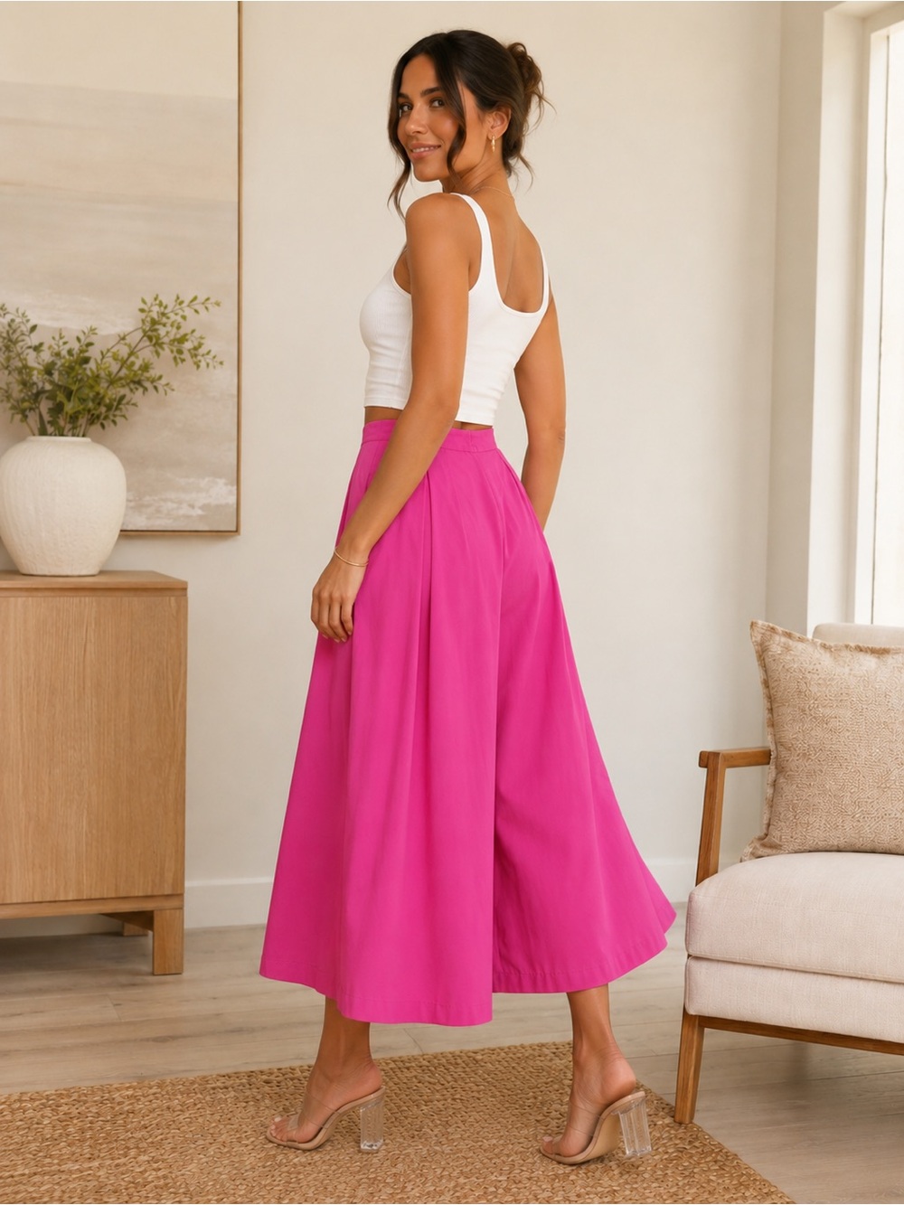 High-Rise Wide-Leg Culotte Pants in Vibrant Pink - Picture 2 of 8